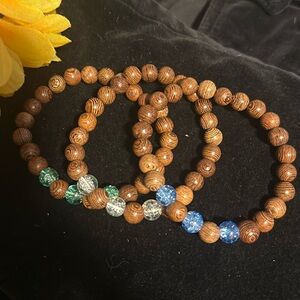 3 New Handcrafted Bracelets Natural Wood & Glass Beads